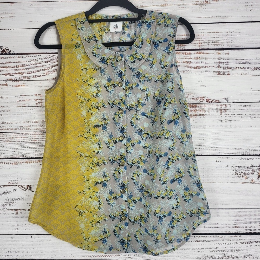 Cabi‎ Button Front Sleeveless Top S Womens Yellow Gray Sheer Lightweight Blouse